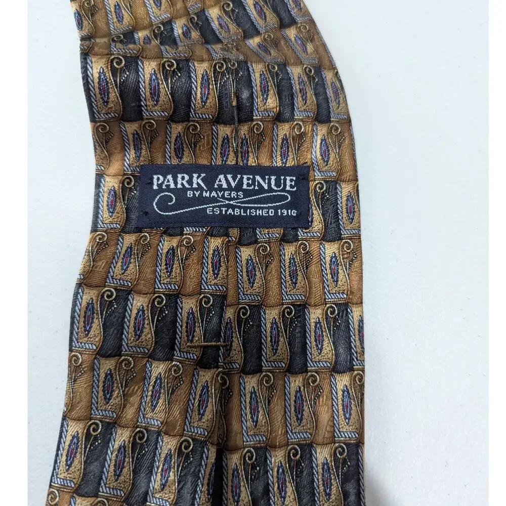 Vintage Park Avenue by Mayers Silk Necktie Brown Gold Geometric Pattern